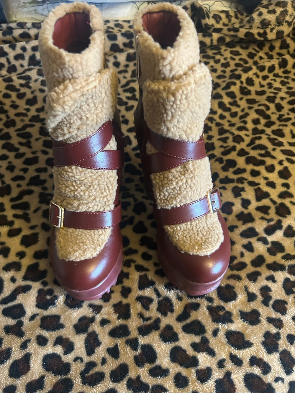 Cute Women’s Burgundy Leather Strapped Ankle Boots with Tan Sherpa